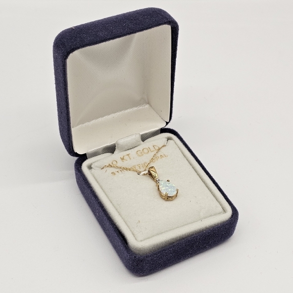10k Gold Necklace Diamond Synthetic Opal Teardrop 18" Baby Rope Chain Gift Box - Picture 7 of 9